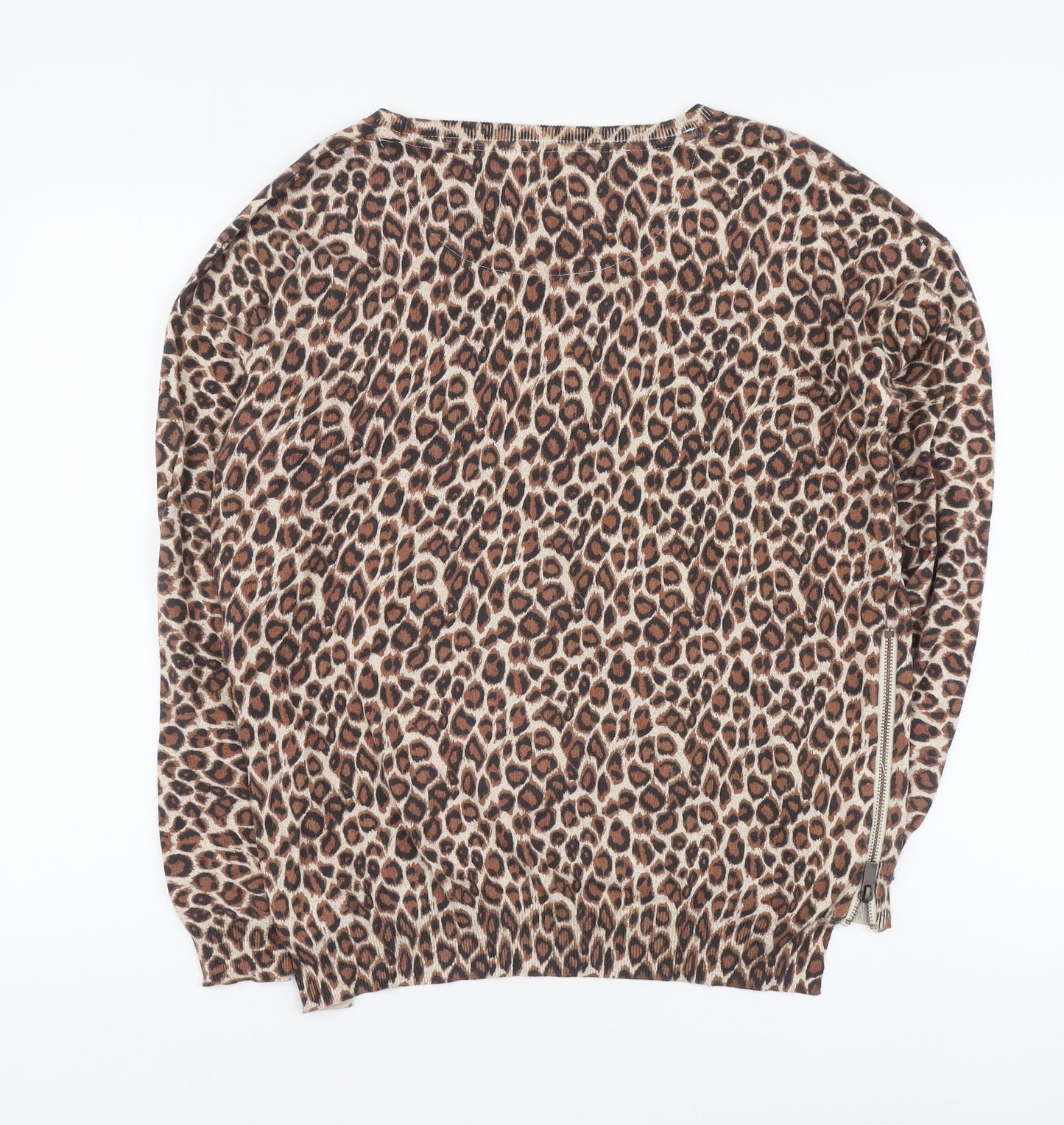 NEXT Womens Brown Round Neck Animal Print Cotton Pullover Jumper Size 14