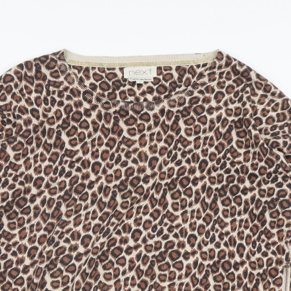 NEXT Womens Brown Round Neck Animal Print Cotton Pullover Jumper Size 14