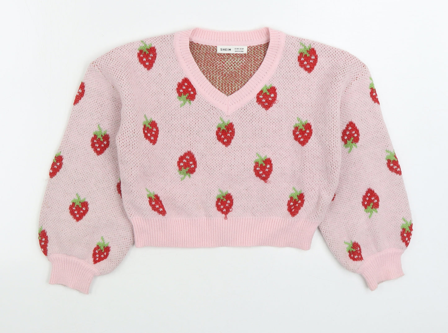 SheIn Girls Pink V-Neck Geometric Acrylic Pullover Jumper Size 10 Years Pullover