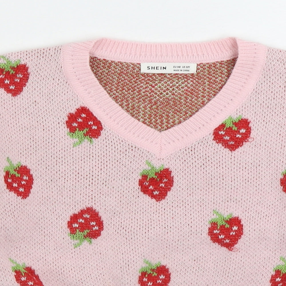 SheIn Girls Pink V-Neck Geometric Acrylic Pullover Jumper Size 10 Years Pullover