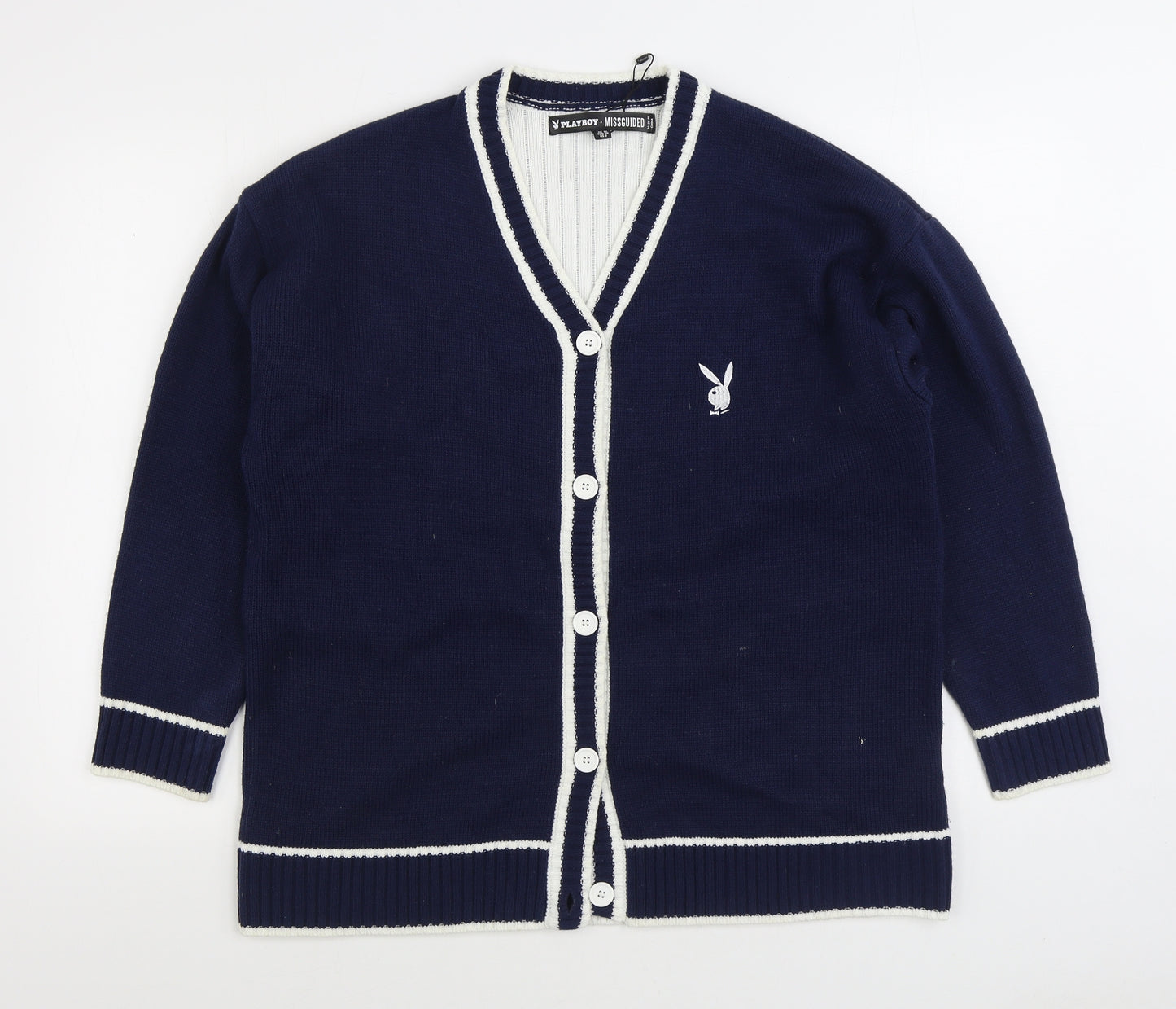 Missguided X Playboy Womens Blue V-Neck Acrylic Cardigan Jumper Size 10