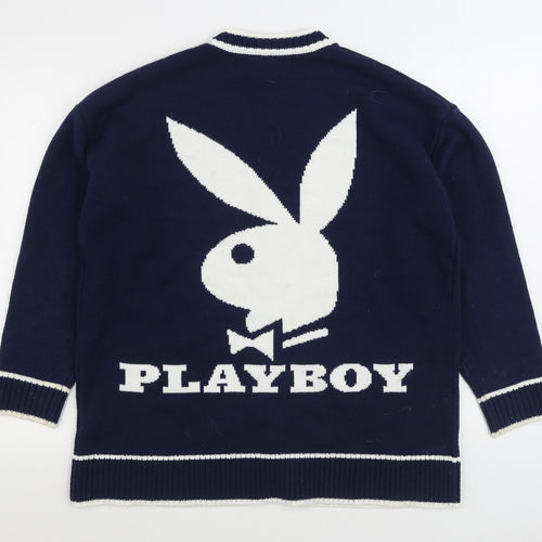 Missguided X Playboy Womens Blue V-Neck Acrylic Cardigan Jumper Size 10