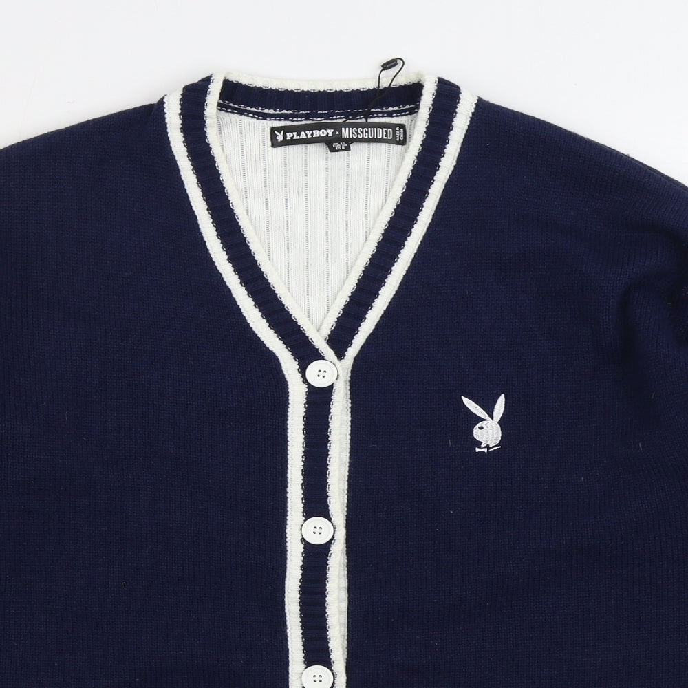 Missguided X Playboy Womens Blue V-Neck Acrylic Cardigan Jumper Size 10