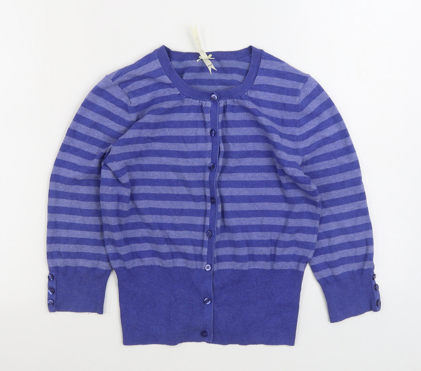 Debenhams Womens Blue Round Neck Striped Cotton Cardigan Jumper Size 10