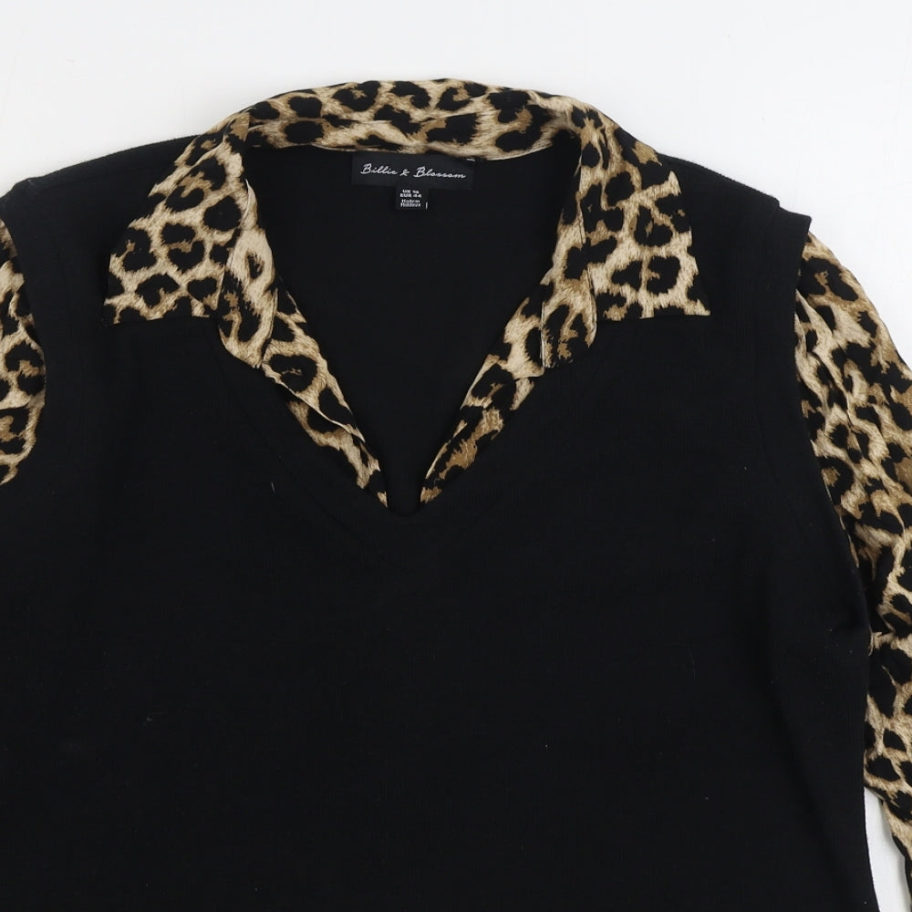 Billie & Blossom Womens Black V-Neck Animal Print Viscose Pullover Jumper Size 16