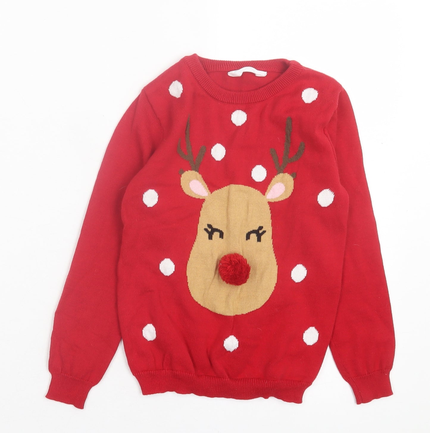 Primark Girls Red Crew Neck Cotton Pullover Jumper Size 7-8 Years Pullover - Christmas