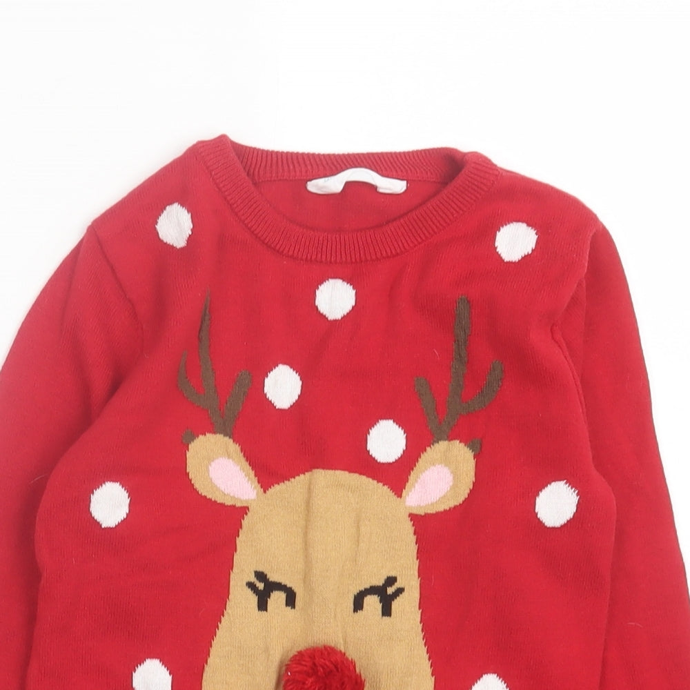 Primark Girls Red Crew Neck Cotton Pullover Jumper Size 7-8 Years Pullover - Christmas