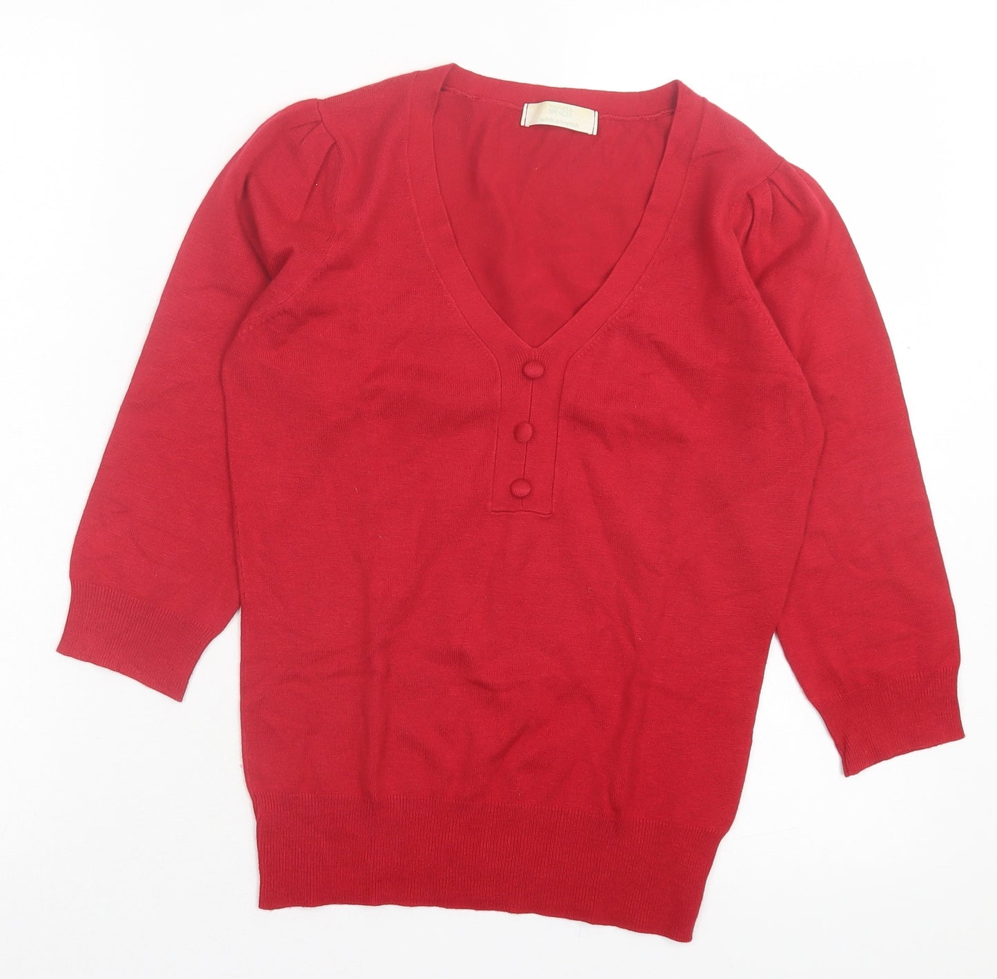 Marks and Spencer Womens Red Viscose Basic T-Shirt Size 10 V-Neck