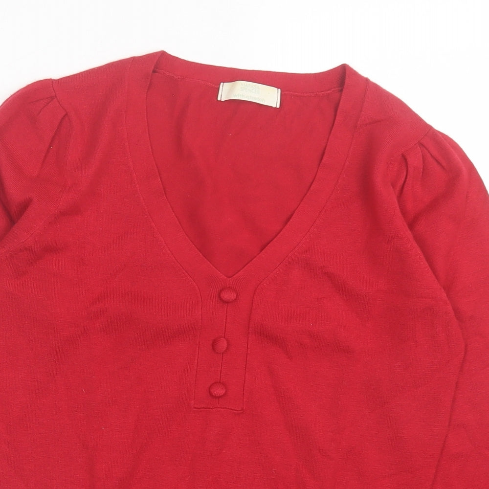 Marks and Spencer Womens Red Viscose Basic T-Shirt Size 10 V-Neck