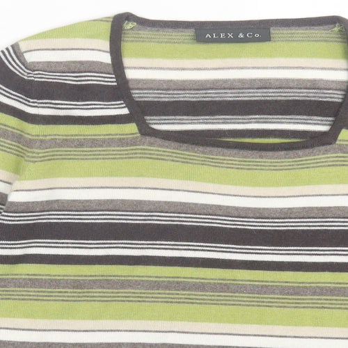 Alex&Co Womens Green Striped Viscose Basic T-Shirt Size 10 Square Neck