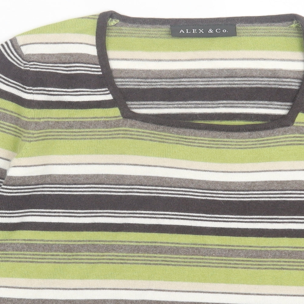 Alex&Co Womens Green Striped Viscose Basic T-Shirt Size 10 Square Neck
