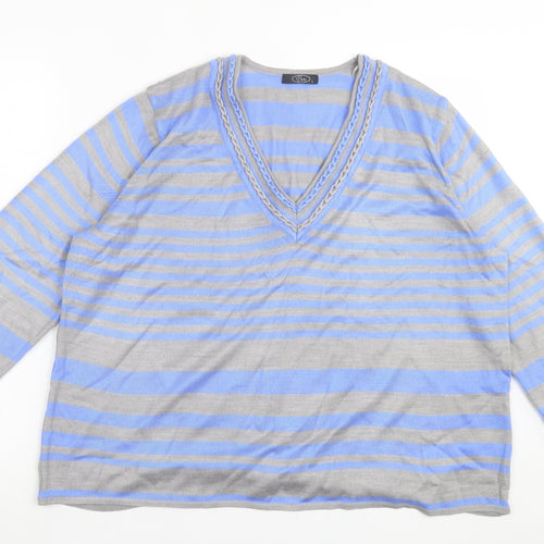 bonmarch Womens Blue V-Neck Striped Acrylic Pullover Jumper Size L
