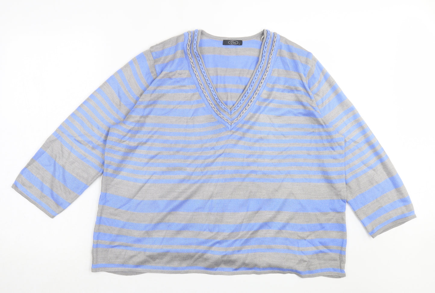 bonmarch Womens Blue V-Neck Striped Acrylic Pullover Jumper Size L