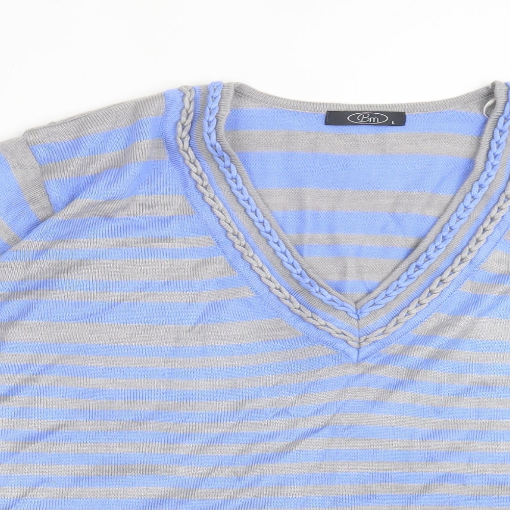bonmarch Womens Blue V-Neck Striped Acrylic Pullover Jumper Size L
