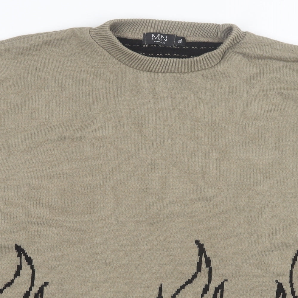 Boohoo Mens Brown Crew Neck Geometric Acrylic Pullover Jumper Size XL