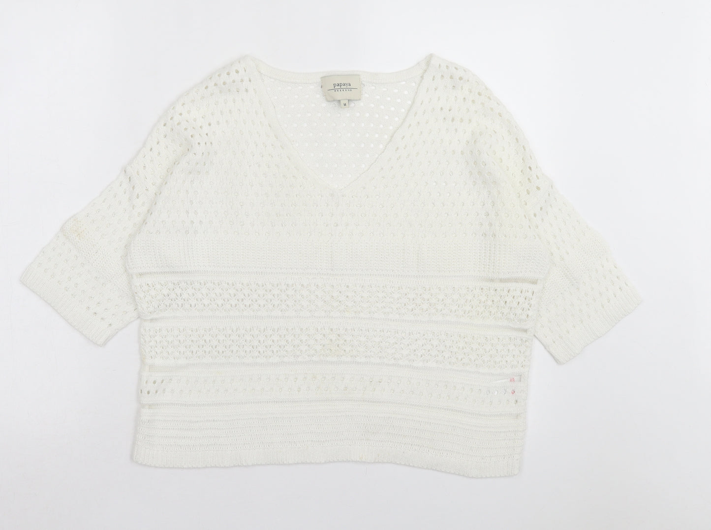 Papaya Womens White Acrylic Basic T-Shirt Size M V-Neck