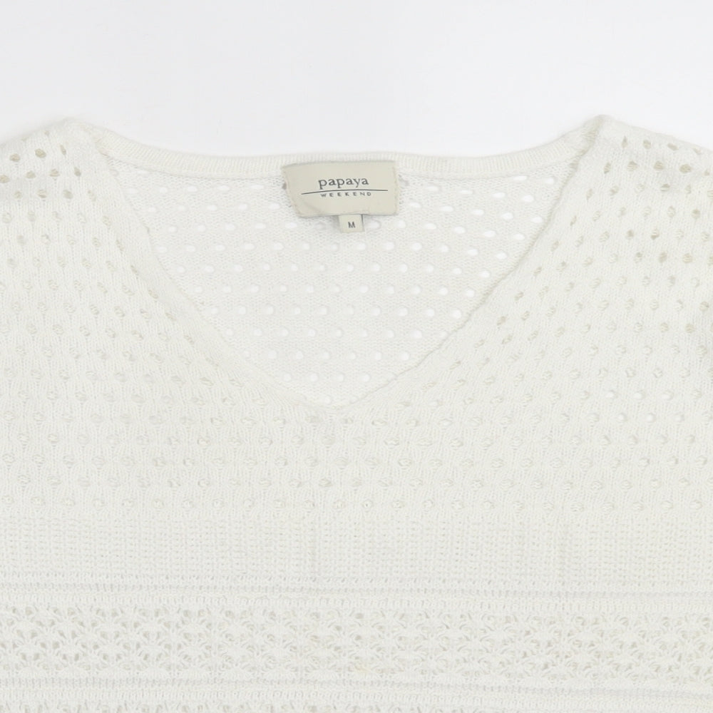 Papaya Womens White Acrylic Basic T-Shirt Size M V-Neck