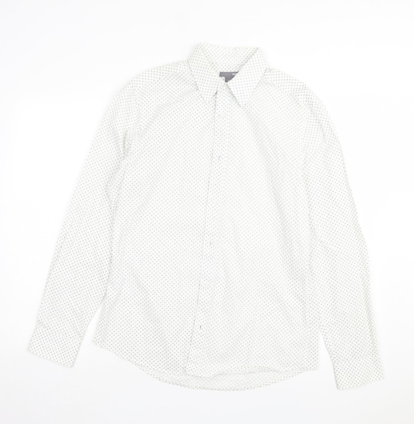 H&M Mens White Geometric Cotton Button-Up Size M Collared Button