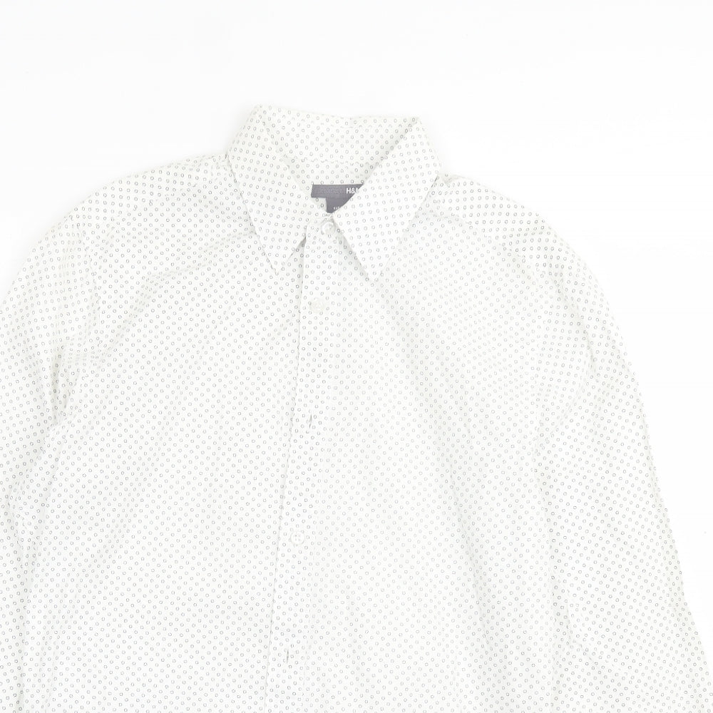 H&M Mens White Geometric Cotton Button-Up Size M Collared Button