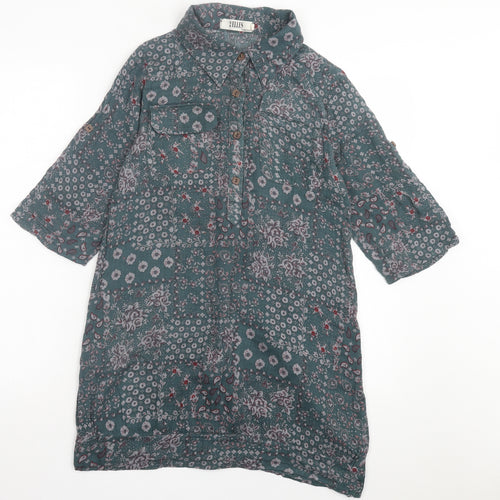 2 Elles Womens Green Floral Polyester A-Line Size M Collared Button