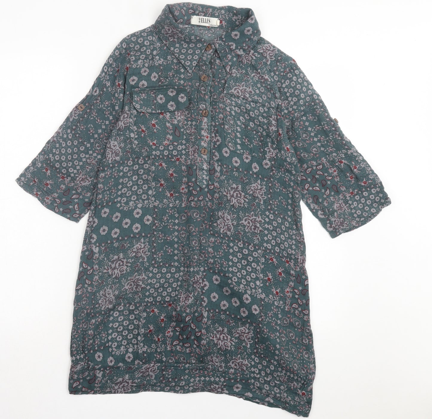 2 Elles Womens Green Floral Polyester A-Line Size M Collared Button