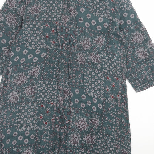 2 Elles Womens Green Floral Polyester A-Line Size M Collared Button
