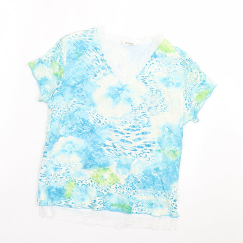 Avalon Womens Blue Geometric Nylon Basic T-Shirt Size 14 V-Neck