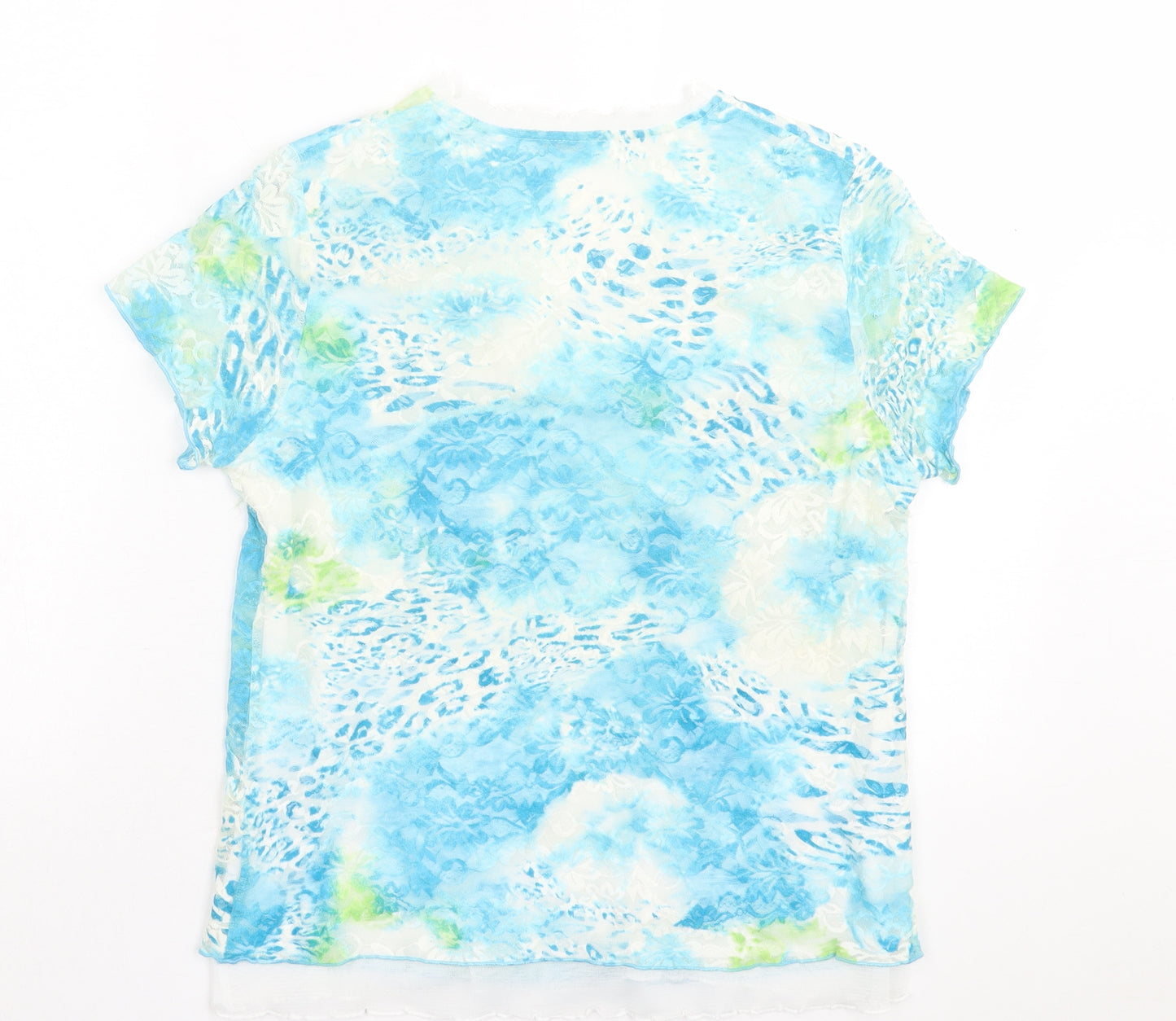 Avalon Womens Blue Geometric Nylon Basic T-Shirt Size 14 V-Neck