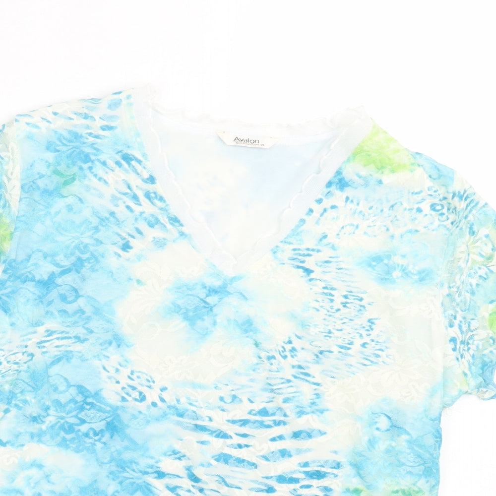 Avalon Womens Blue Geometric Nylon Basic T-Shirt Size 14 V-Neck