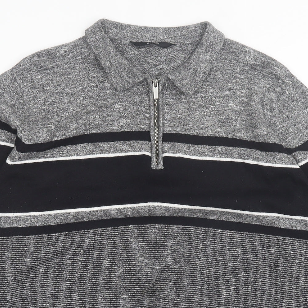 George Mens Black Striped Cotton Polo Size XL Collared Zip