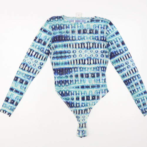 Skinny Dip Womens Blue Geometric Polyester Bodysuit One-Piece Size M Snap