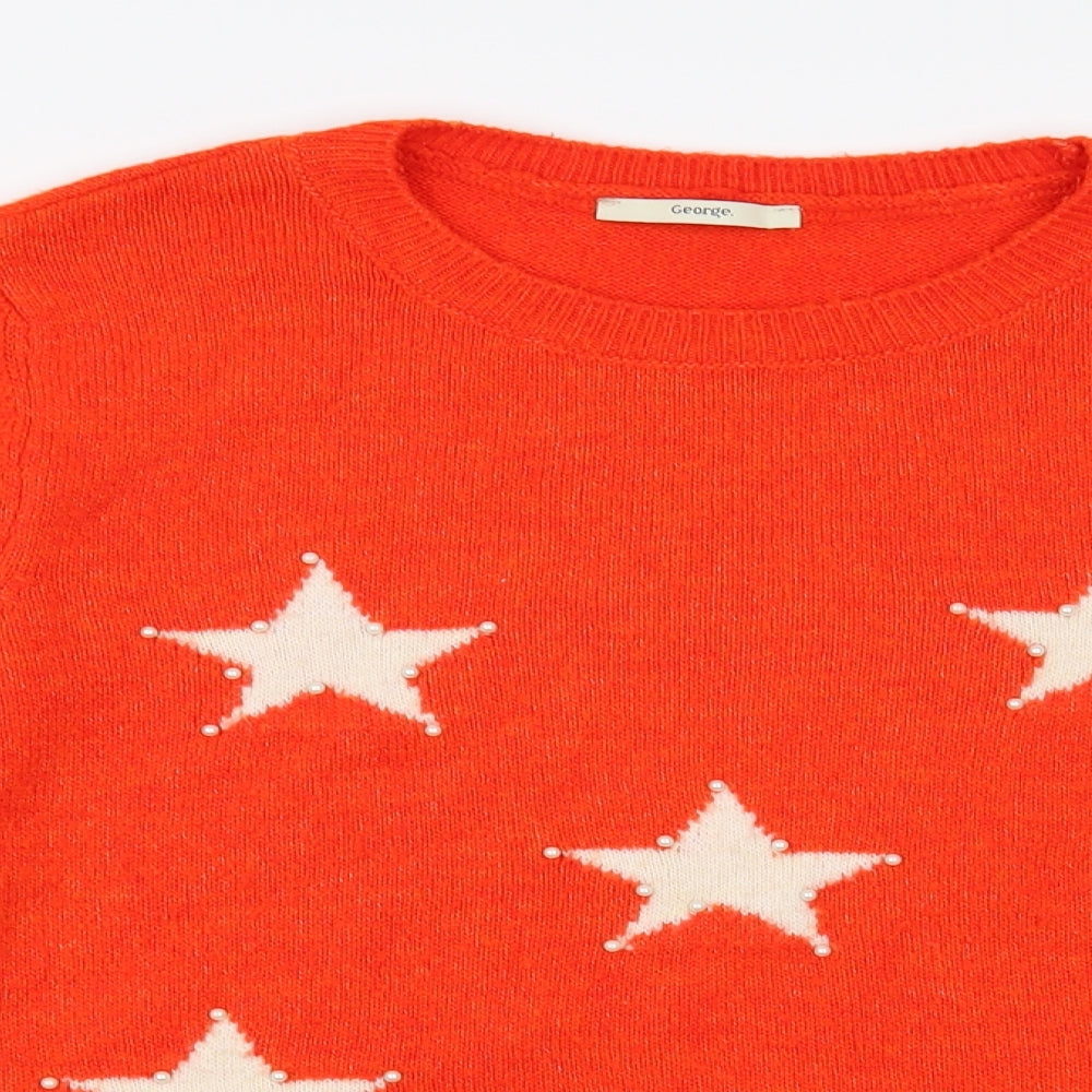 George Womens Red Boat Neck Geometric Acrylic Pullover Jumper Size 18 - Star Pattern