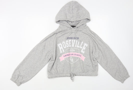 Front view of Primark women’s grey polyester pullover hoodie, size UK 8, pullover - cropped