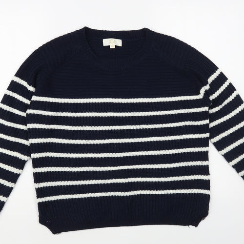 JCL Womens Blue Crew Neck Striped Acrylic Pullover Jumper Size M