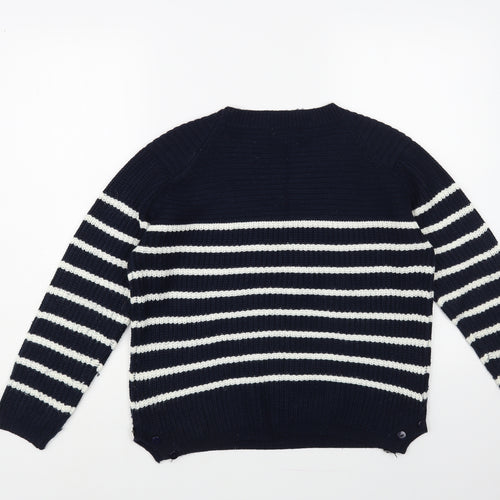 JCL Womens Blue Crew Neck Striped Acrylic Pullover Jumper Size M