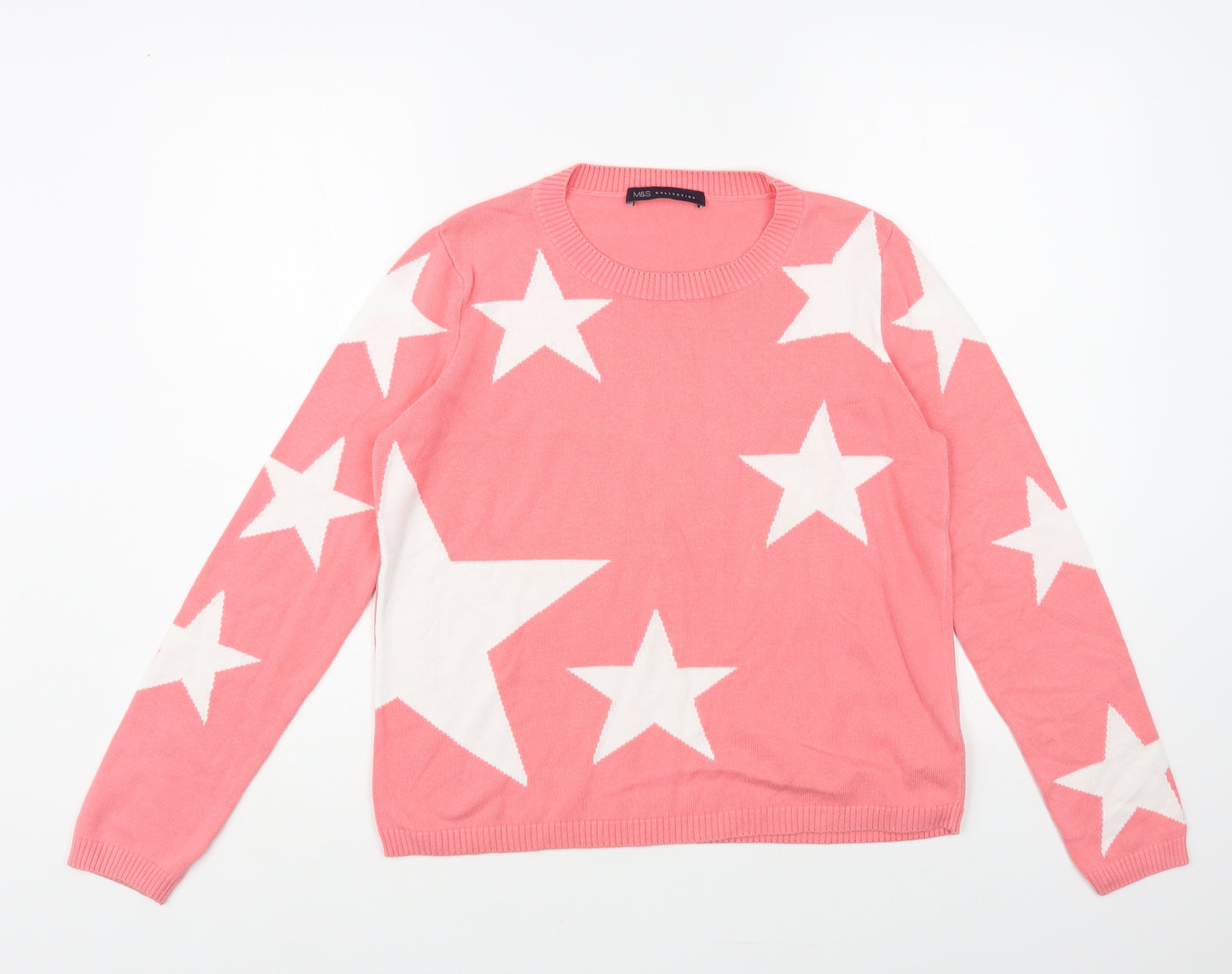 Marks and Spencer Womens Pink Crew Neck Geometric Cotton Pullover Jumper Size 8 - Star Pattern