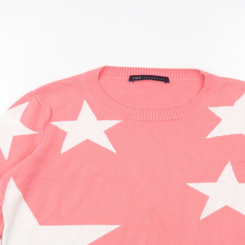 Marks and Spencer Womens Pink Crew Neck Geometric Cotton Pullover Jumper Size 8 - Star Pattern