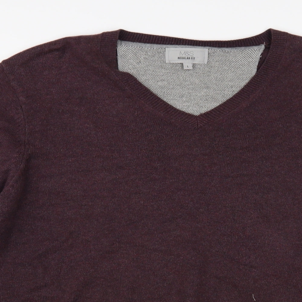 Marks and Spencer Mens Purple V-Neck Cotton Pullover Jumper Size L
