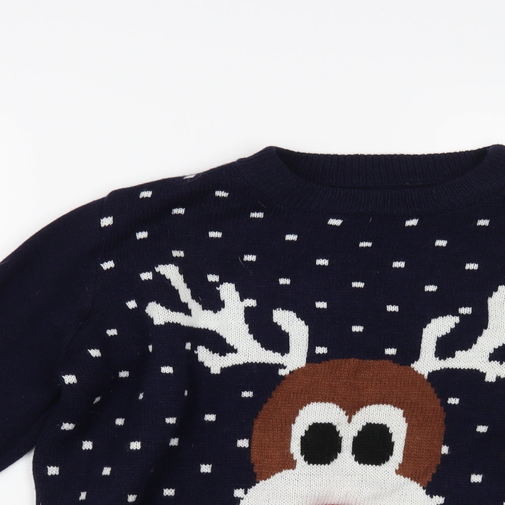 Primark Womens Blue Crew Neck Geometric Acrylic Pullover Jumper Size M - Rudolph