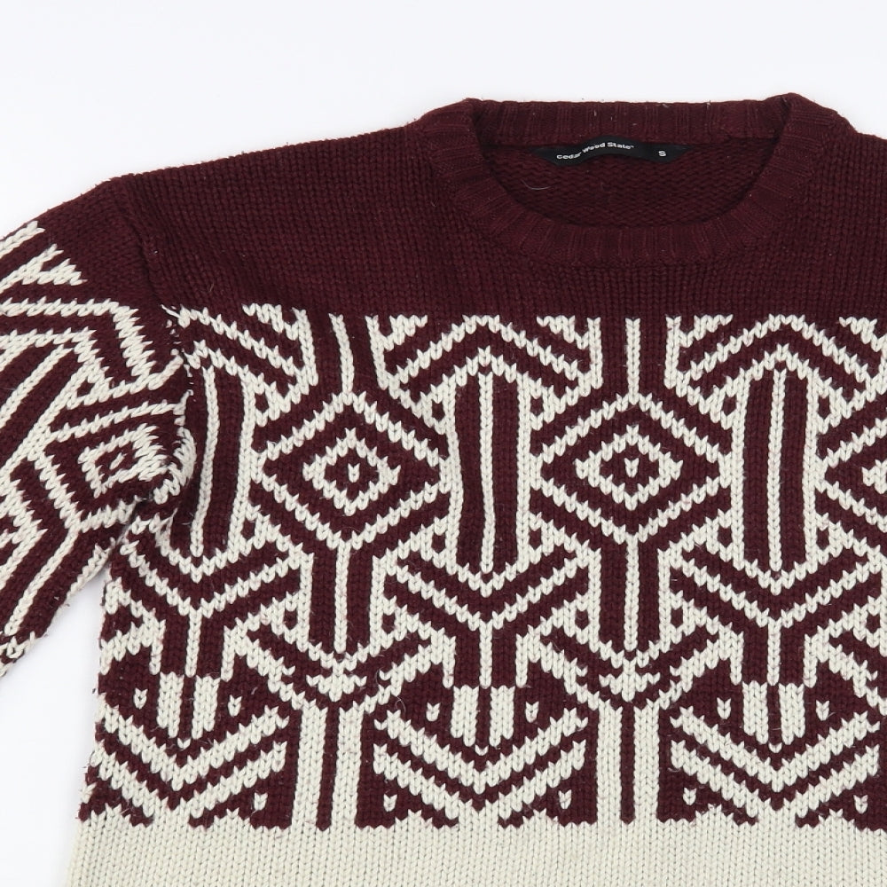 Cedar Wood State Mens Grey Crew Neck Geometric Acrylic Pullover Jumper Size S