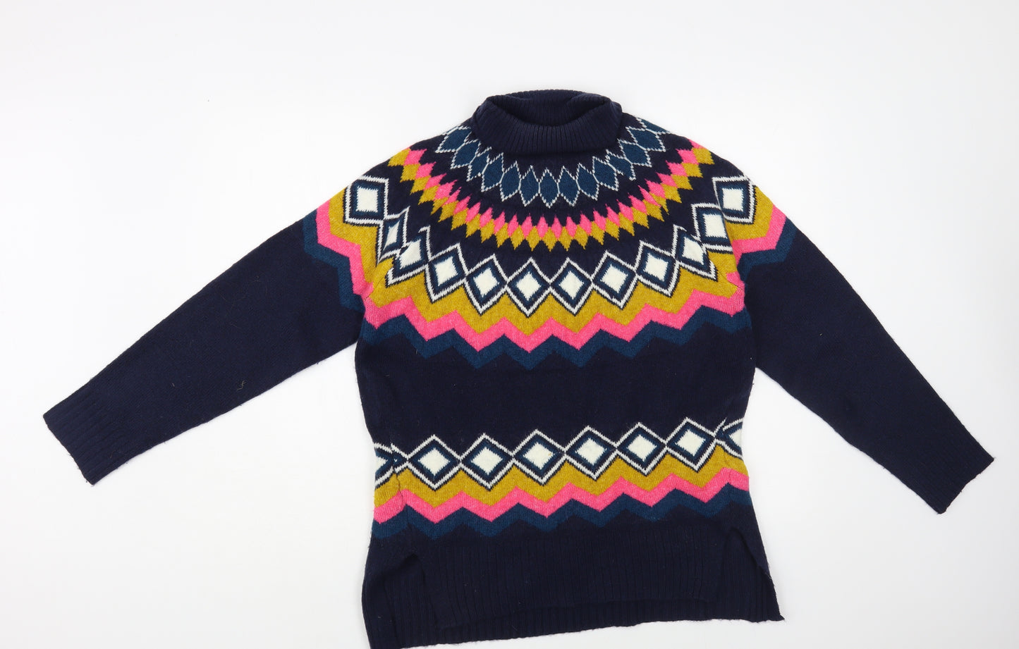 Marks and Spencer Womens Blue Roll Neck Fair Isle Acrylic Pullover Jumper Size S