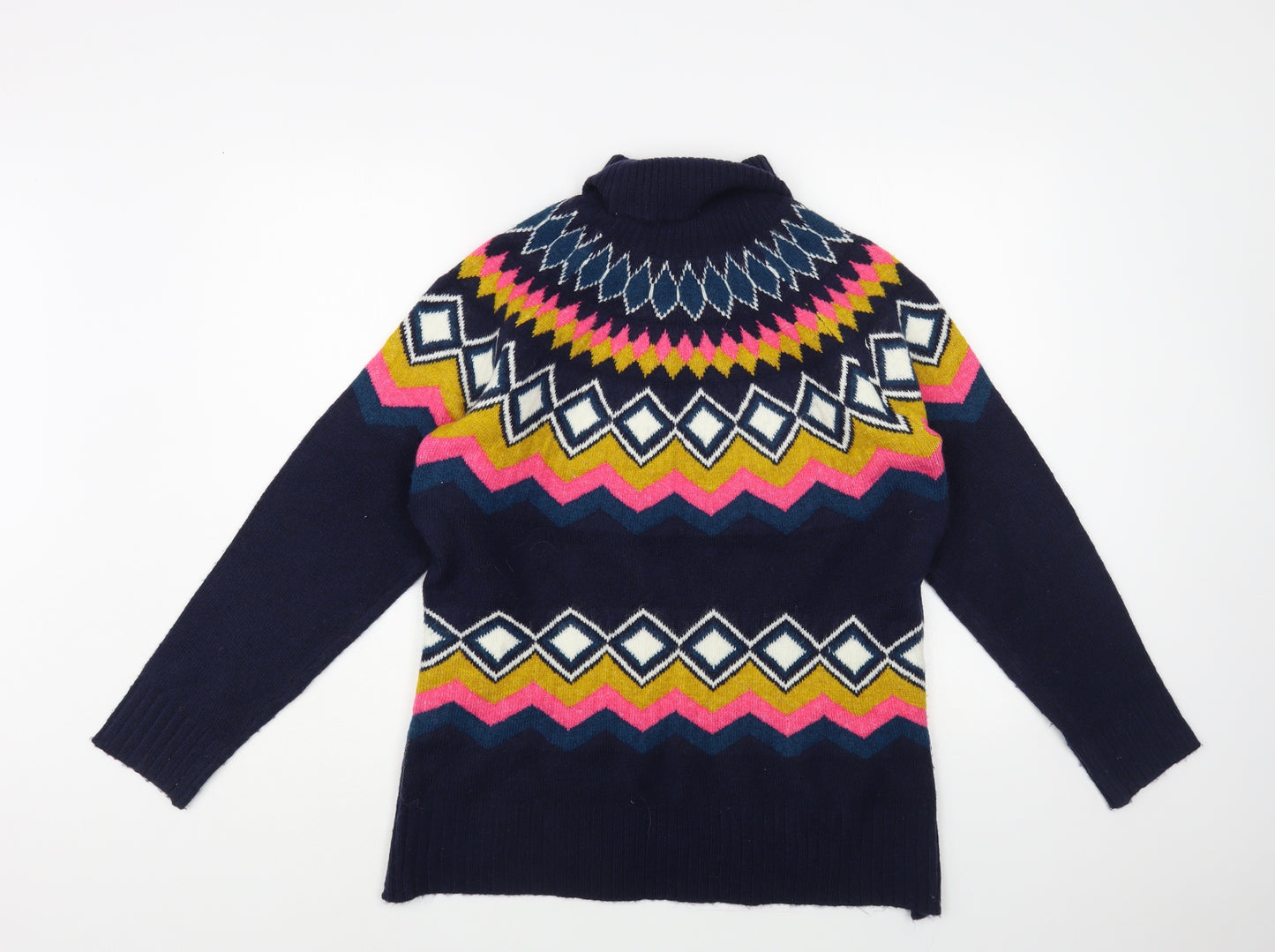 Marks and Spencer Womens Blue Roll Neck Fair Isle Acrylic Pullover Jumper Size S
