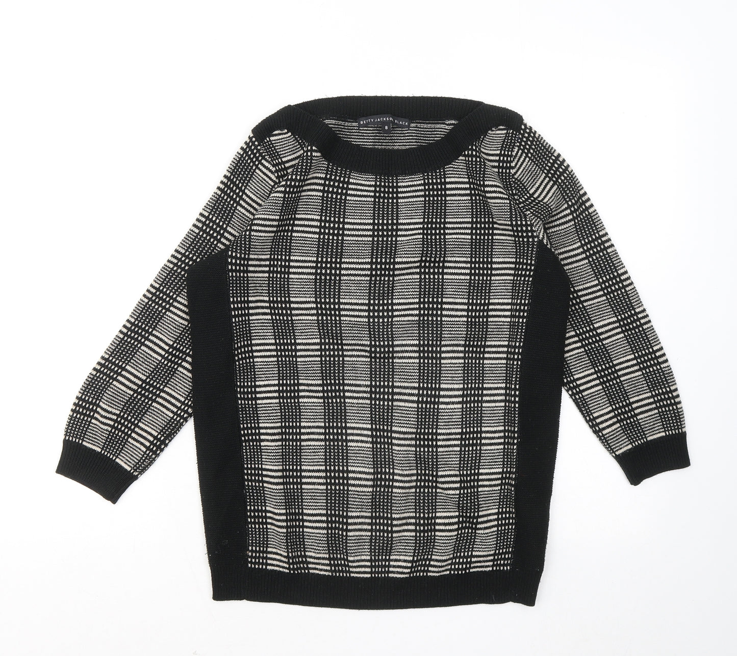 Betty Jackson Black Womens Black Round Neck Plaid Acrylic Pullover Jumper Size 8