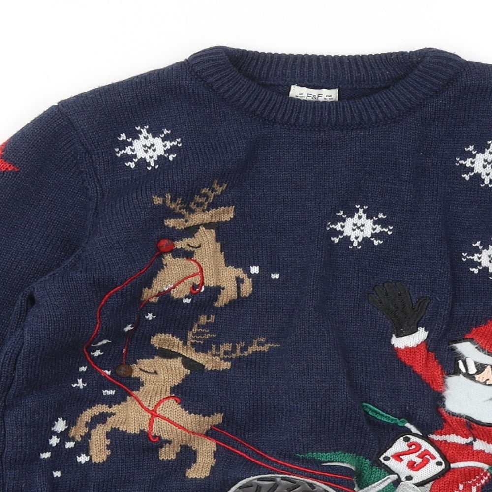 F&F Boys Blue Round Neck Polyester Pullover Jumper Size 10 Years - Christmas jumper