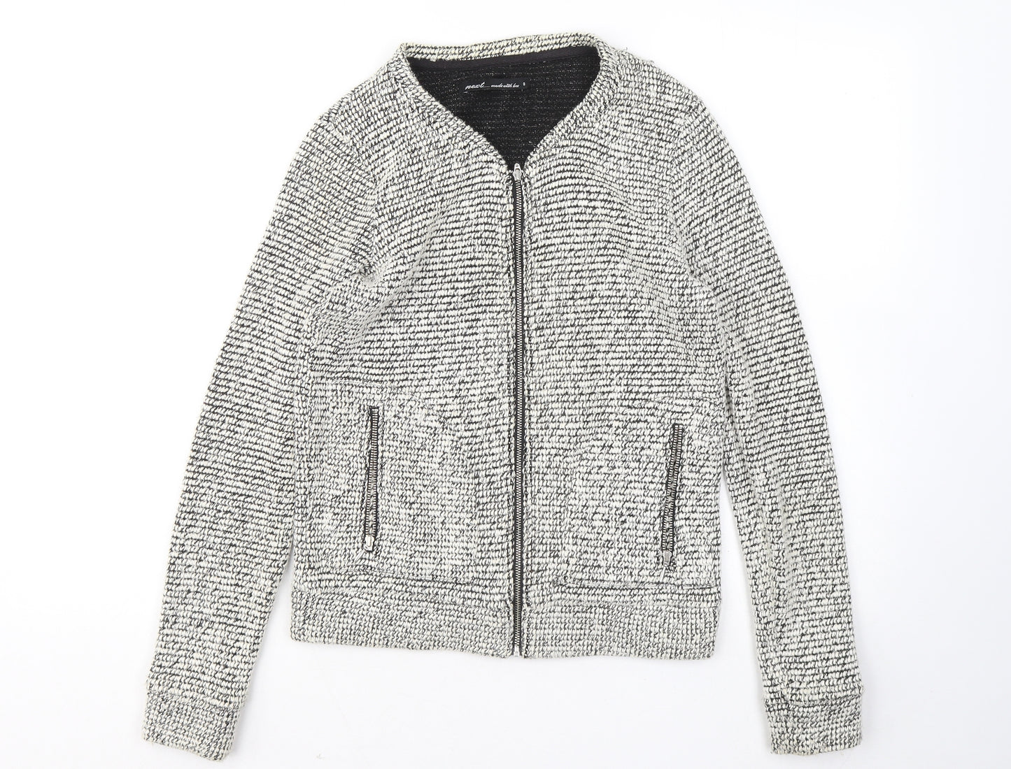 NEXT Womens White V-Neck Geometric Polyester Full Zip Jumper Size 8