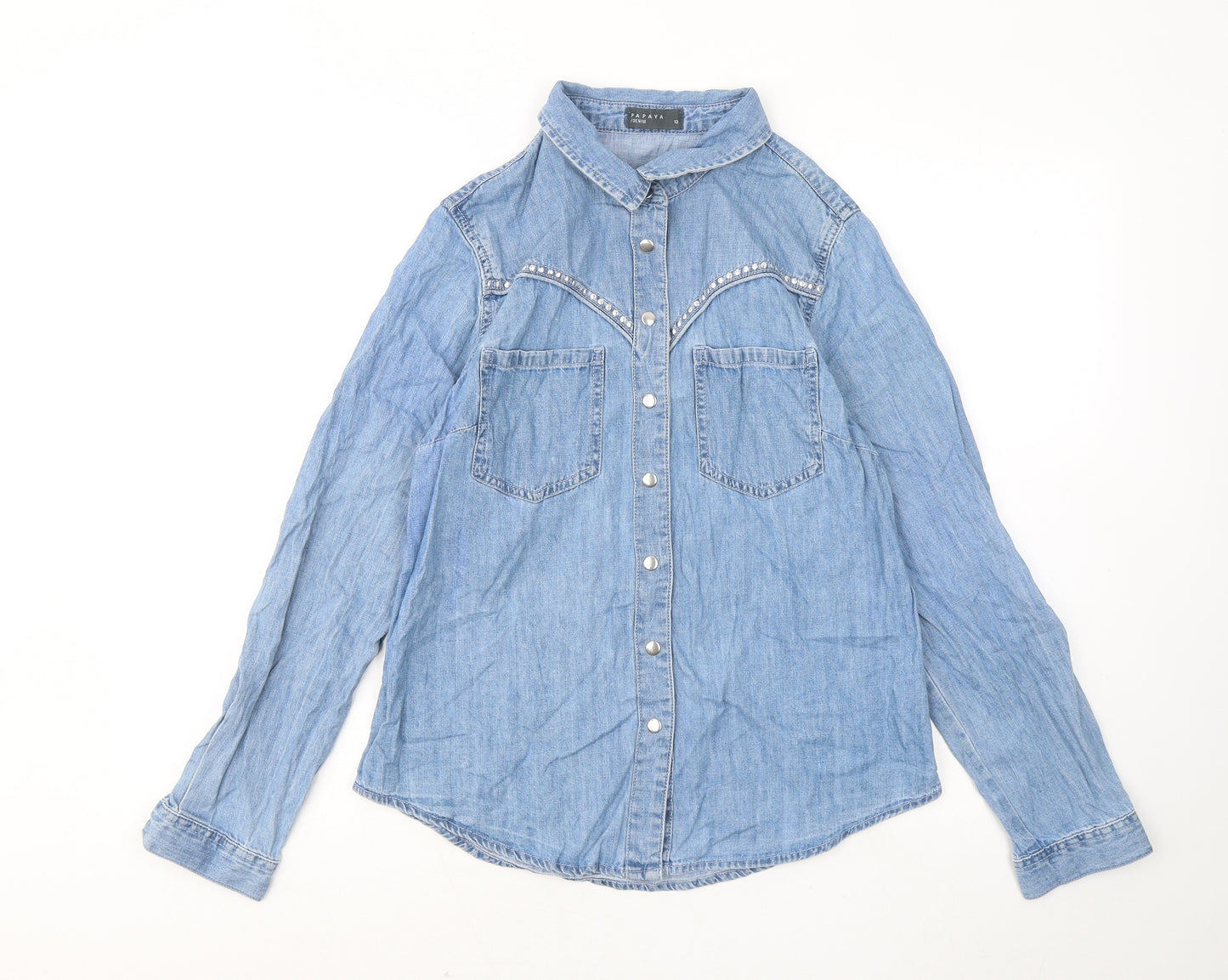 Papaya Womens Blue Cotton Basic Button-Up Size 12 Collared