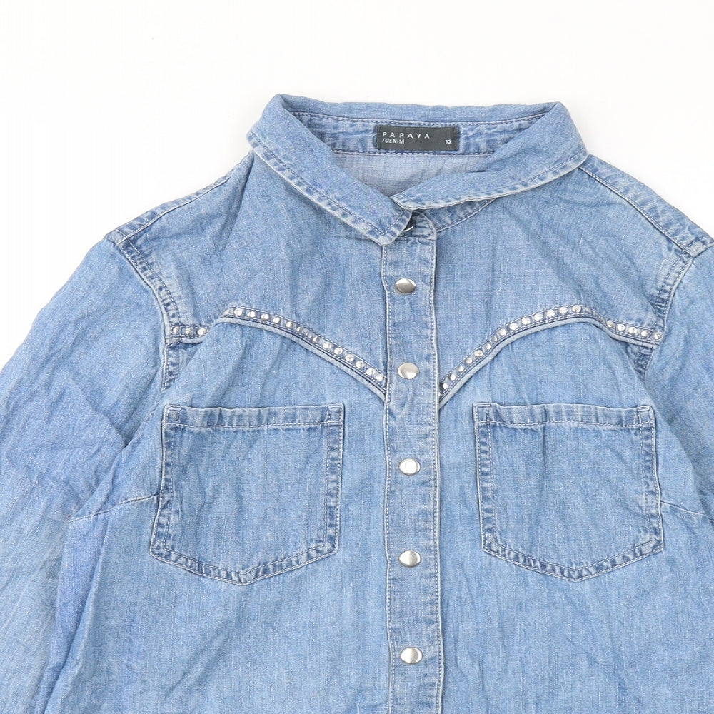 Papaya Womens Blue Cotton Basic Button-Up Size 12 Collared