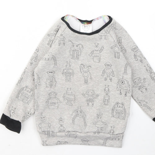 born wild Boys Grey Geometric Cotton Pullover Sweatshirt Size 4 Years - Robots