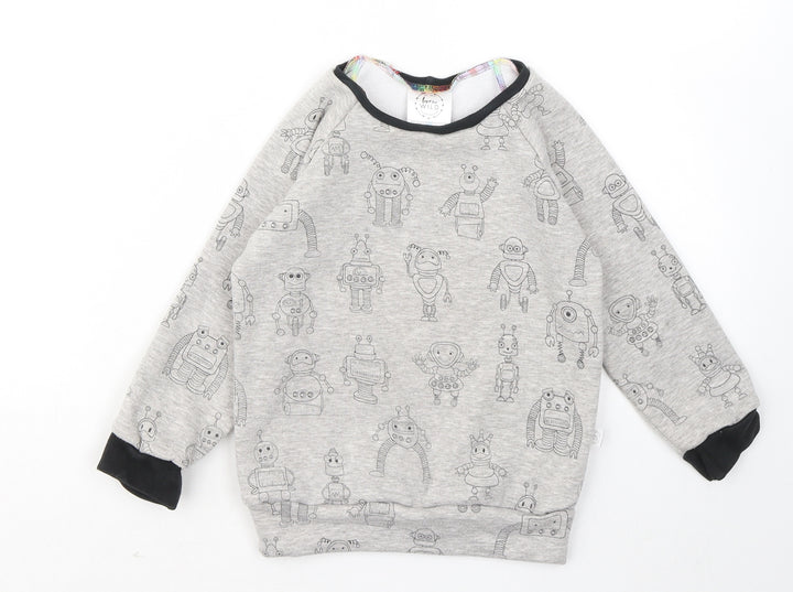 born wild Boys Grey Geometric Cotton Pullover Sweatshirt Size 4 Years - Robots