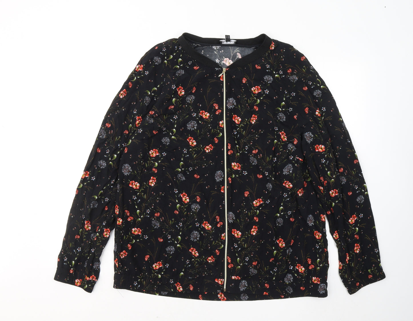 Ulla Popken Womens Black Floral Cotton Full Zip Hoodie Size 16